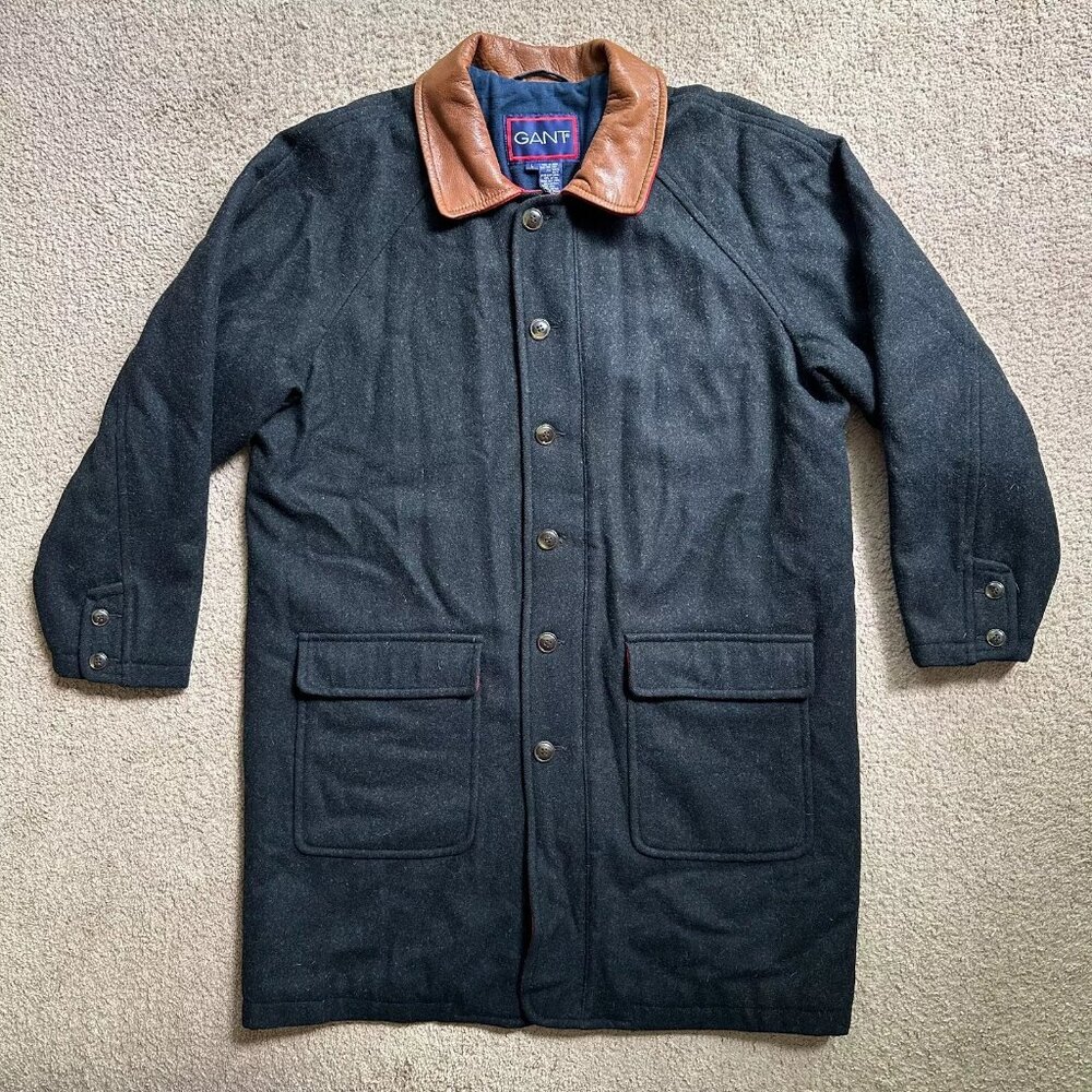 Gant Jacket Mens Large The Bonnett *Flaw* Wool Blend Full Zip Leather Collar Vtg